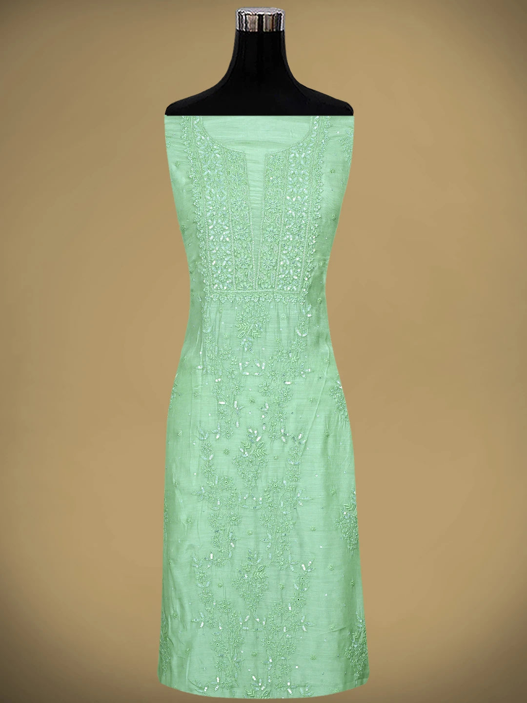 Ada Hand Embroidered Green Maslin Lucknowi Chikankari Unstitched Kurta Dupatta Set With Cutdana Work 01A610266
