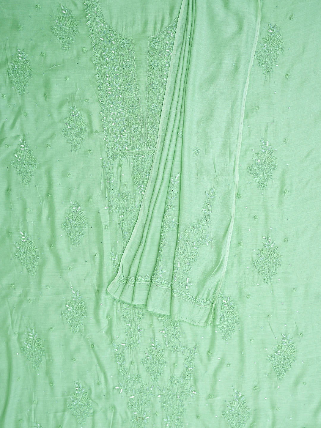 Ada Hand Embroidered Green Maslin Lucknowi Chikankari Unstitched Kurta Dupatta Set With Cutdana Work 01A610266