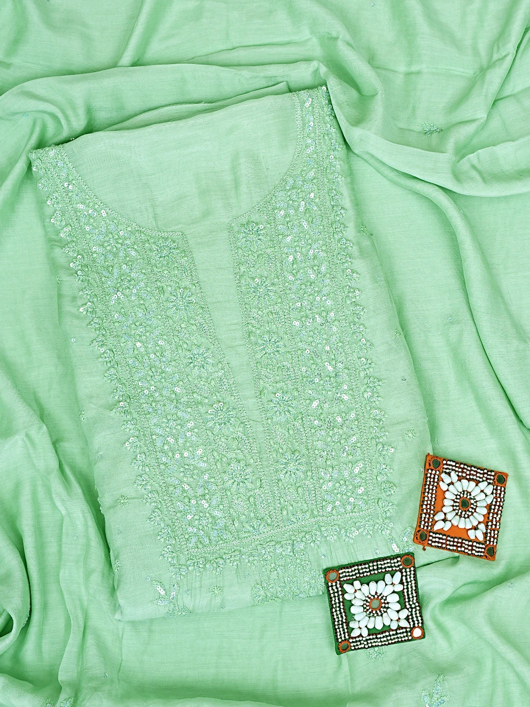 Ada Hand Embroidered Green Maslin Lucknowi Chikankari Unstitched Kurta Dupatta Set With Cutdana Work 01A610266
