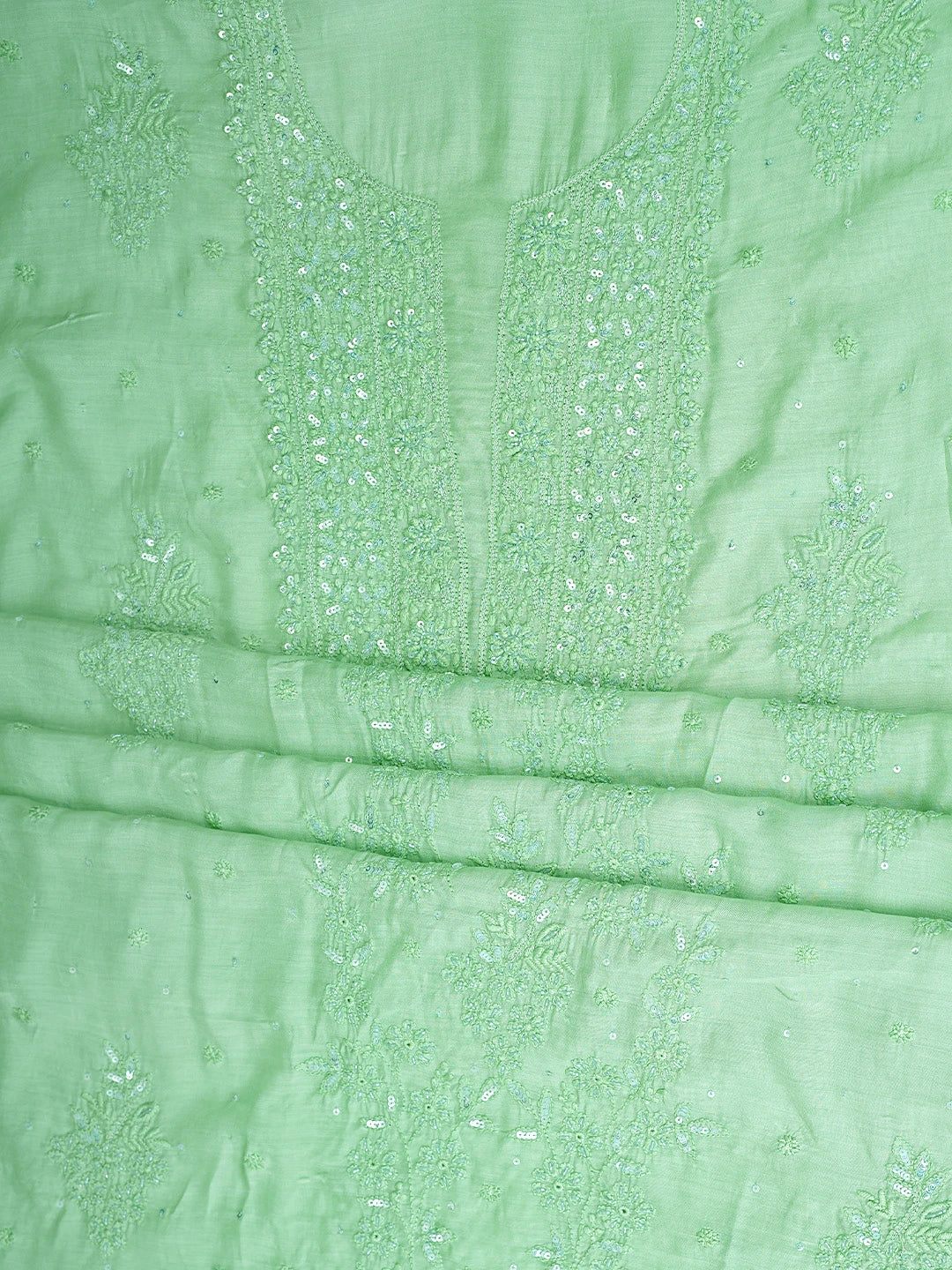 Ada Hand Embroidered Green Maslin Lucknowi Chikankari Unstitched Kurta Dupatta Set With Cutdana Work 01A610266