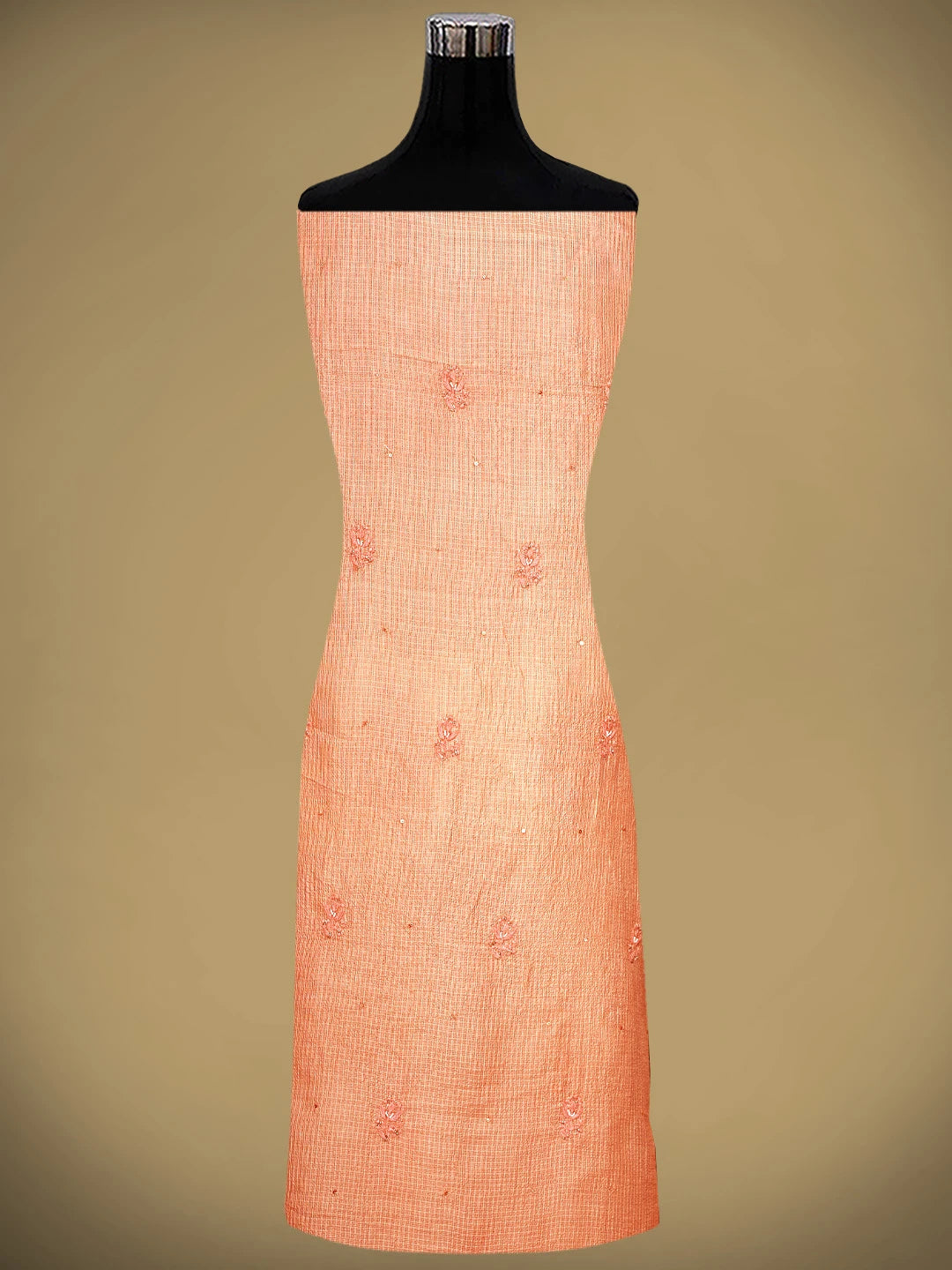 Ada Hand Embroidered Peach Kota Silk Lucknowi Chikankari Unstitched Kurta Dupatta Set With Pearl Work 01A719230