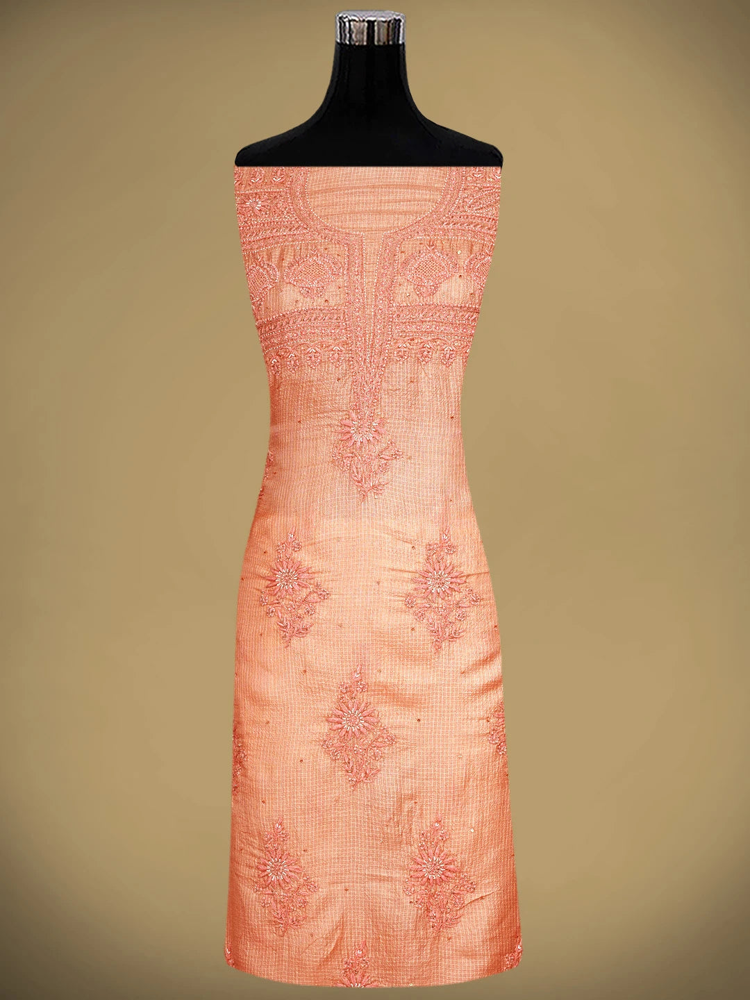 Ada Hand Embroidered Peach Kota Silk Lucknowi Chikankari Unstitched Kurta Dupatta Set With Pearl Work 01A719230