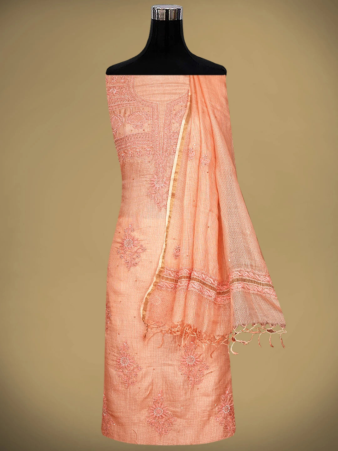 Ada Hand Embroidered Peach Kota Silk Lucknowi Chikankari Unstitched Kurta Dupatta Set With Pearl Work 01A719230