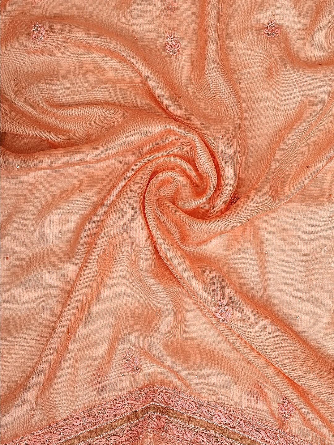 Ada Hand Embroidered Peach Kota Silk Lucknowi Chikankari Unstitched Kurta Dupatta Set With Pearl Work 01A719230