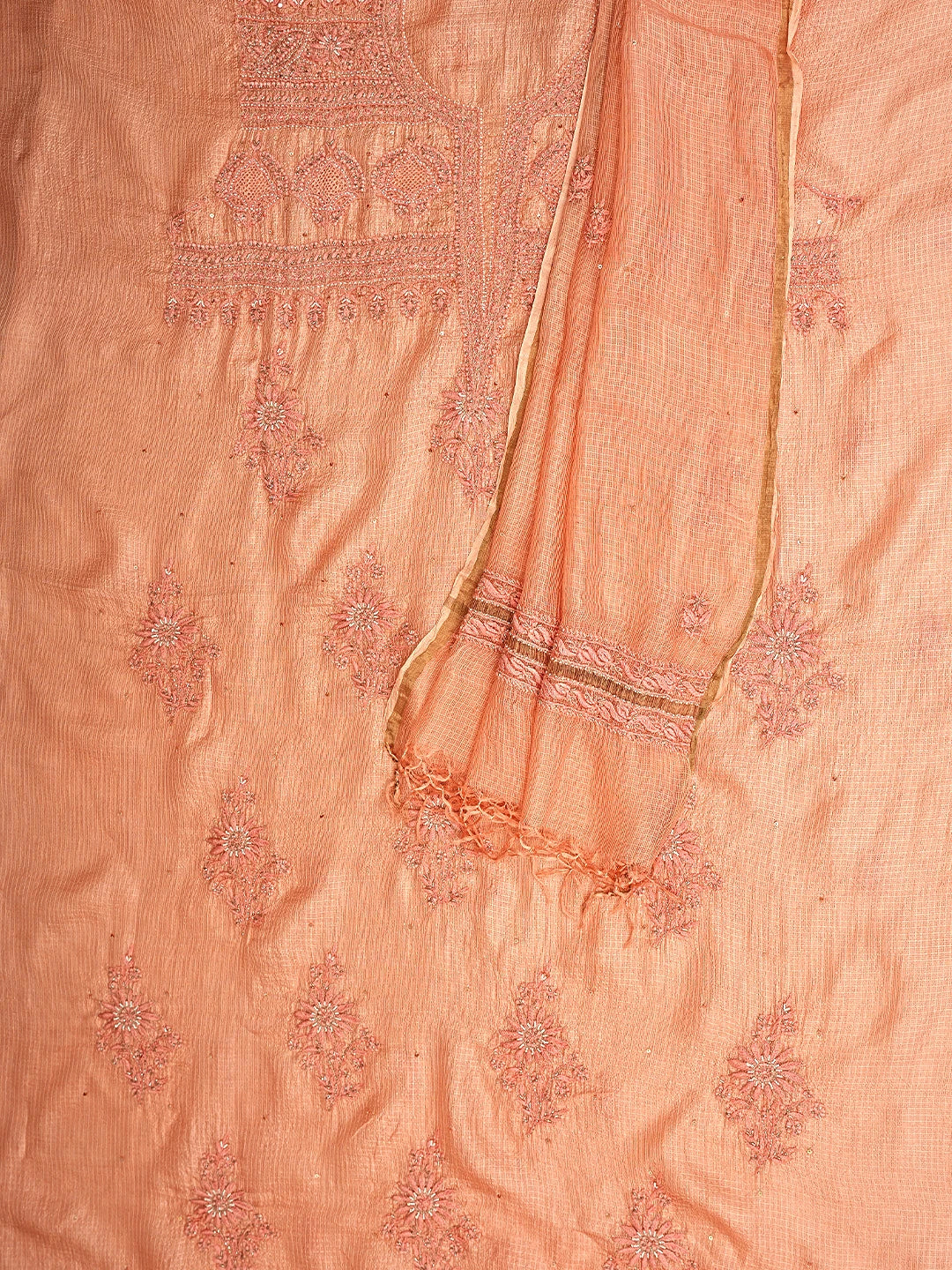 Ada Hand Embroidered Peach Kota Silk Lucknowi Chikankari Unstitched Kurta Dupatta Set With Pearl Work 01A719230