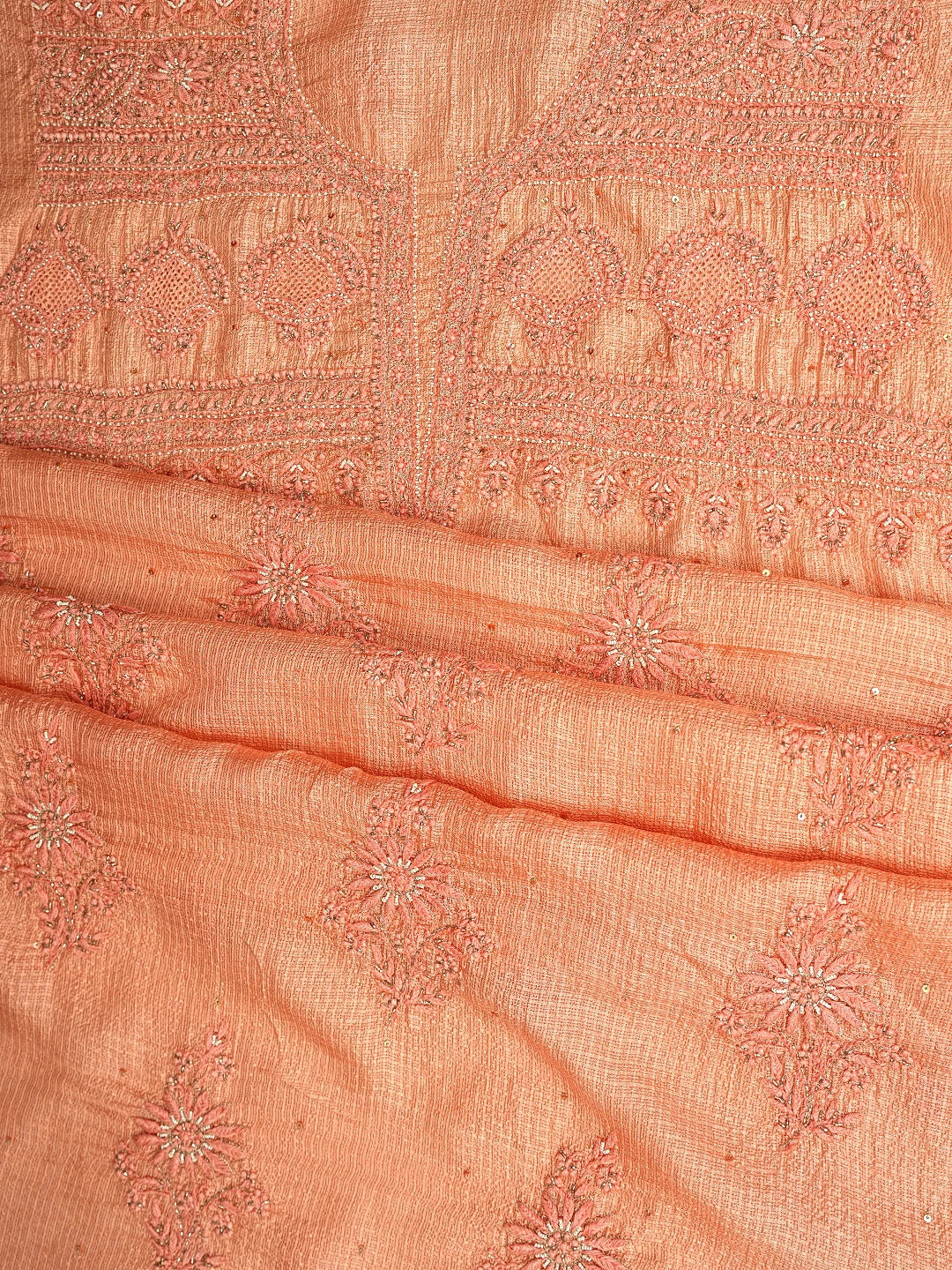 Ada Hand Embroidered Peach Kota Silk Lucknowi Chikankari Unstitched Kurta Dupatta Set With Pearl Work 01A719230