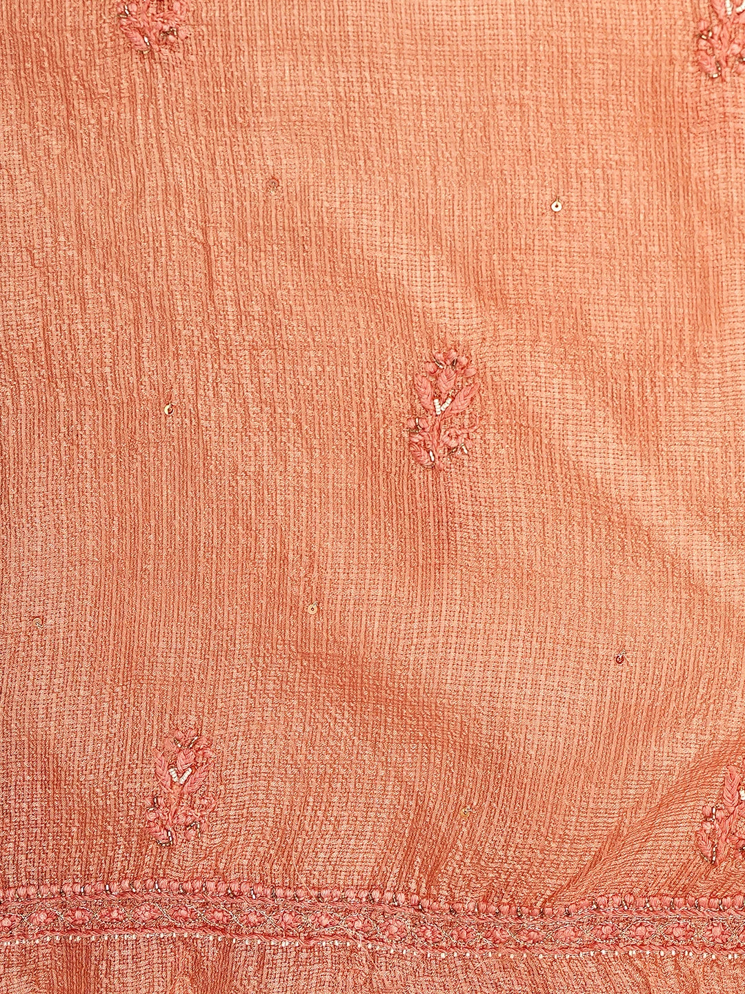 Ada Hand Embroidered Peach Kota Silk Lucknowi Chikankari Unstitched Kurta Dupatta Set With Pearl Work 01A719230