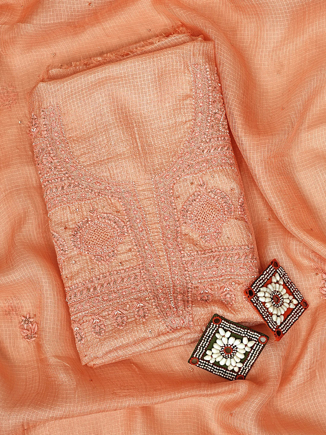 Ada Hand Embroidered Peach Kota Silk Lucknowi Chikankari Unstitched Kurta Dupatta Set With Pearl Work 01A719230