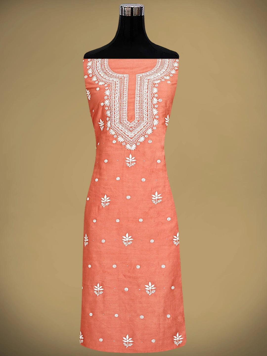 Ada Hand Embroidered Carrot Pink Cotton Lucknowi Chikankari Unstitched Suit Piece with Chiffon Dupatta 01A791847
