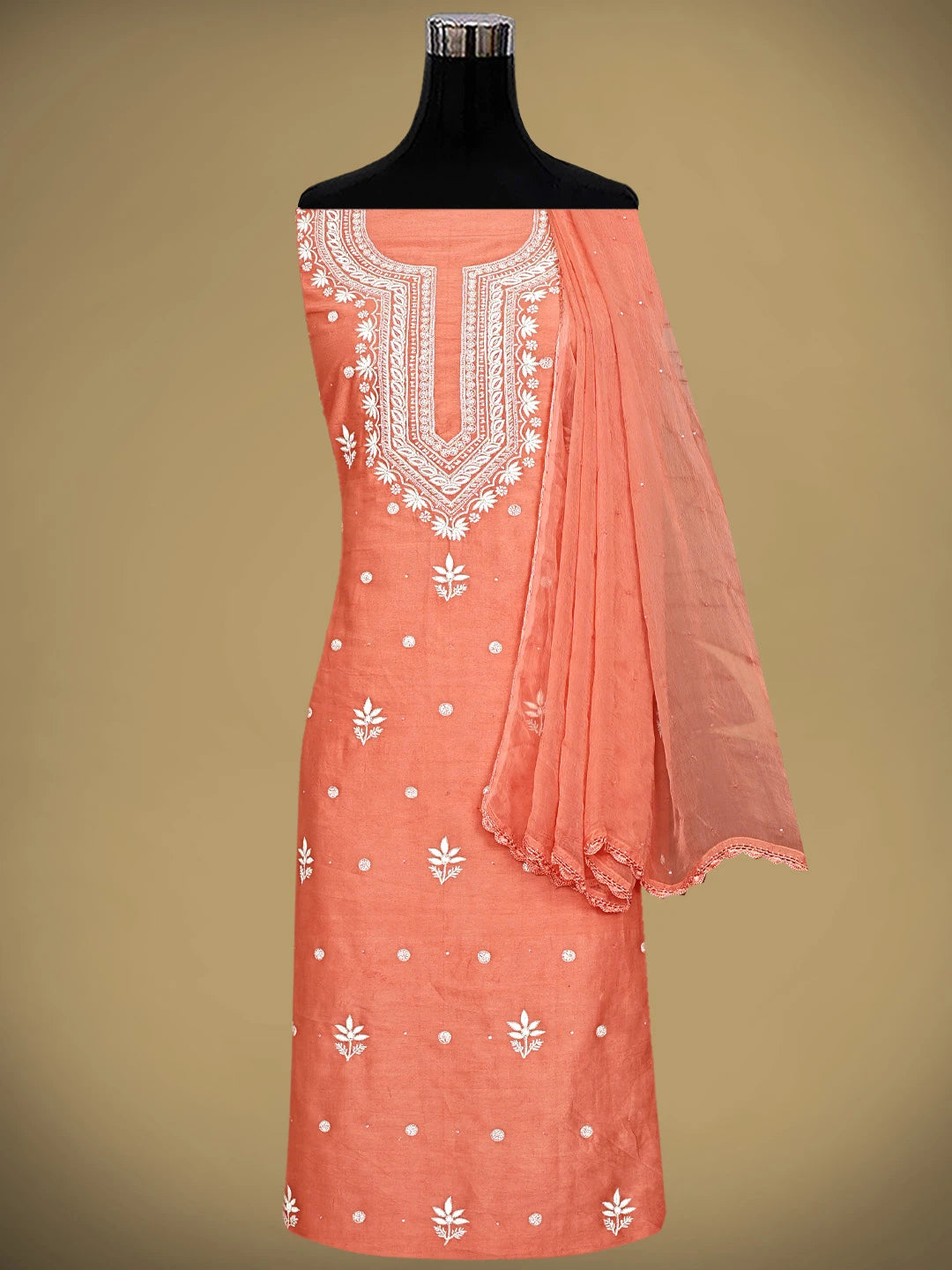 Ada Hand Embroidered Carrot Pink Cotton Lucknowi Chikankari Unstitched Suit Piece with Chiffon Dupatta 01A791847