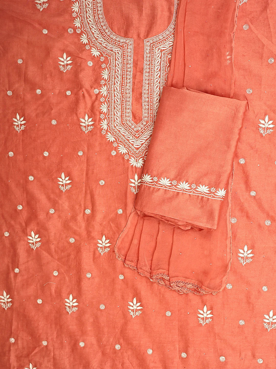 Ada Hand Embroidered Carrot Pink Cotton Lucknowi Chikankari Unstitched Suit Piece with Chiffon Dupatta 01A791847