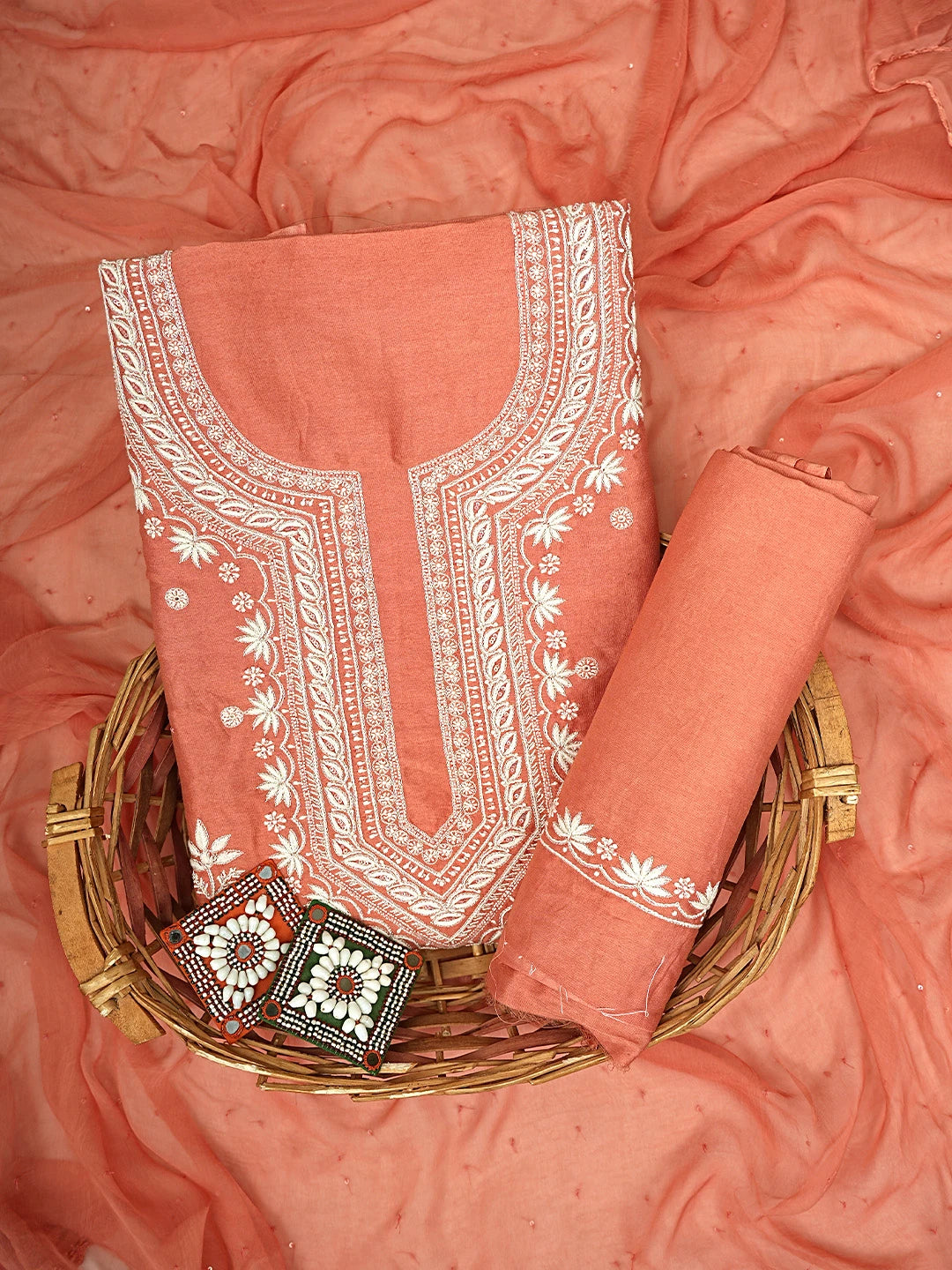 Ada Hand Embroidered Carrot Pink Cotton Lucknowi Chikankari Unstitched Suit Piece with Chiffon Dupatta 01A791847