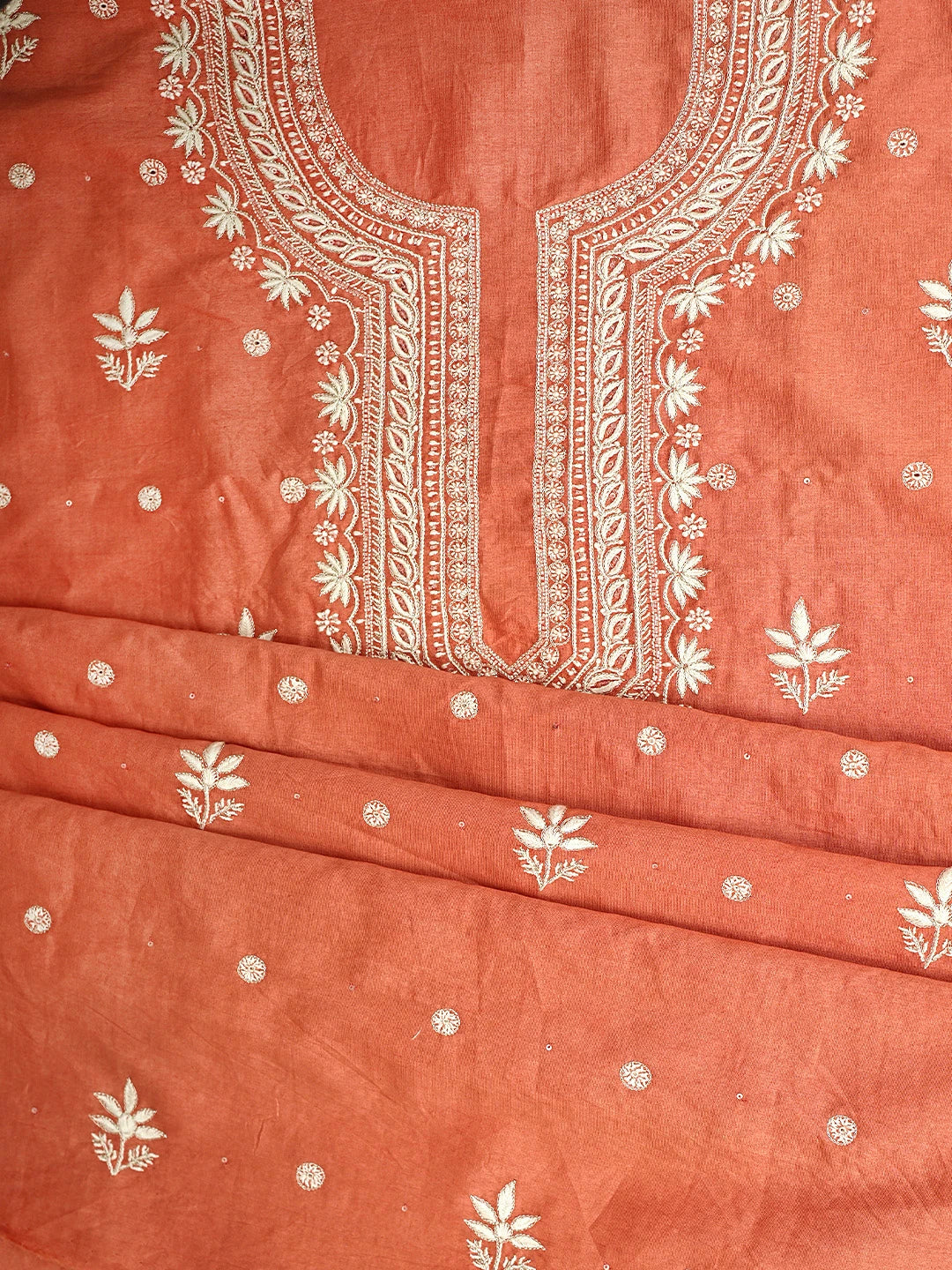 Ada Hand Embroidered Carrot Pink Cotton Lucknowi Chikankari Unstitched Suit Piece with Chiffon Dupatta 01A791847