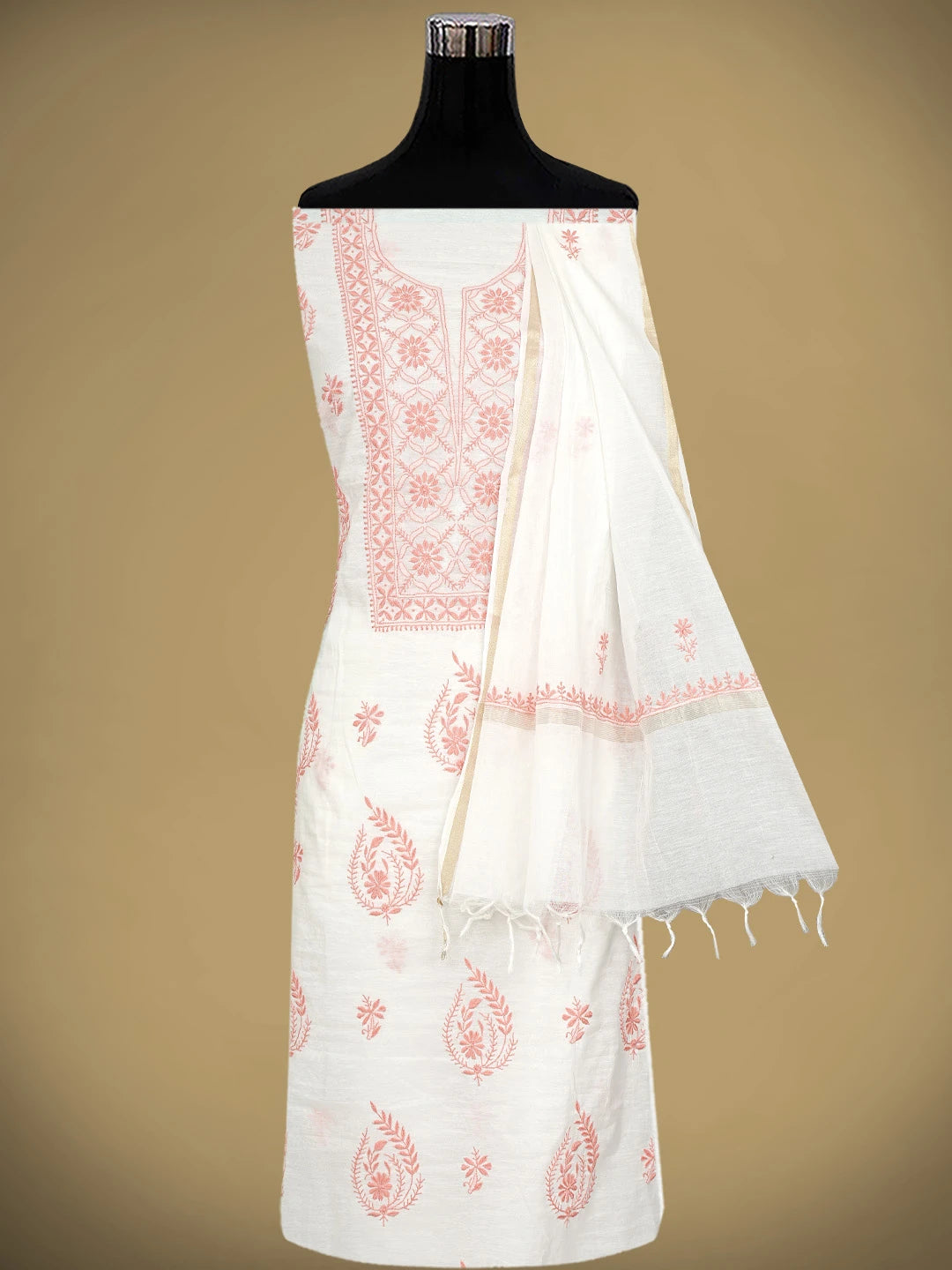 Ada Hand Embroidered White Chanderi Lucknowi Chikankari Unstitched Kurta 01A895949
