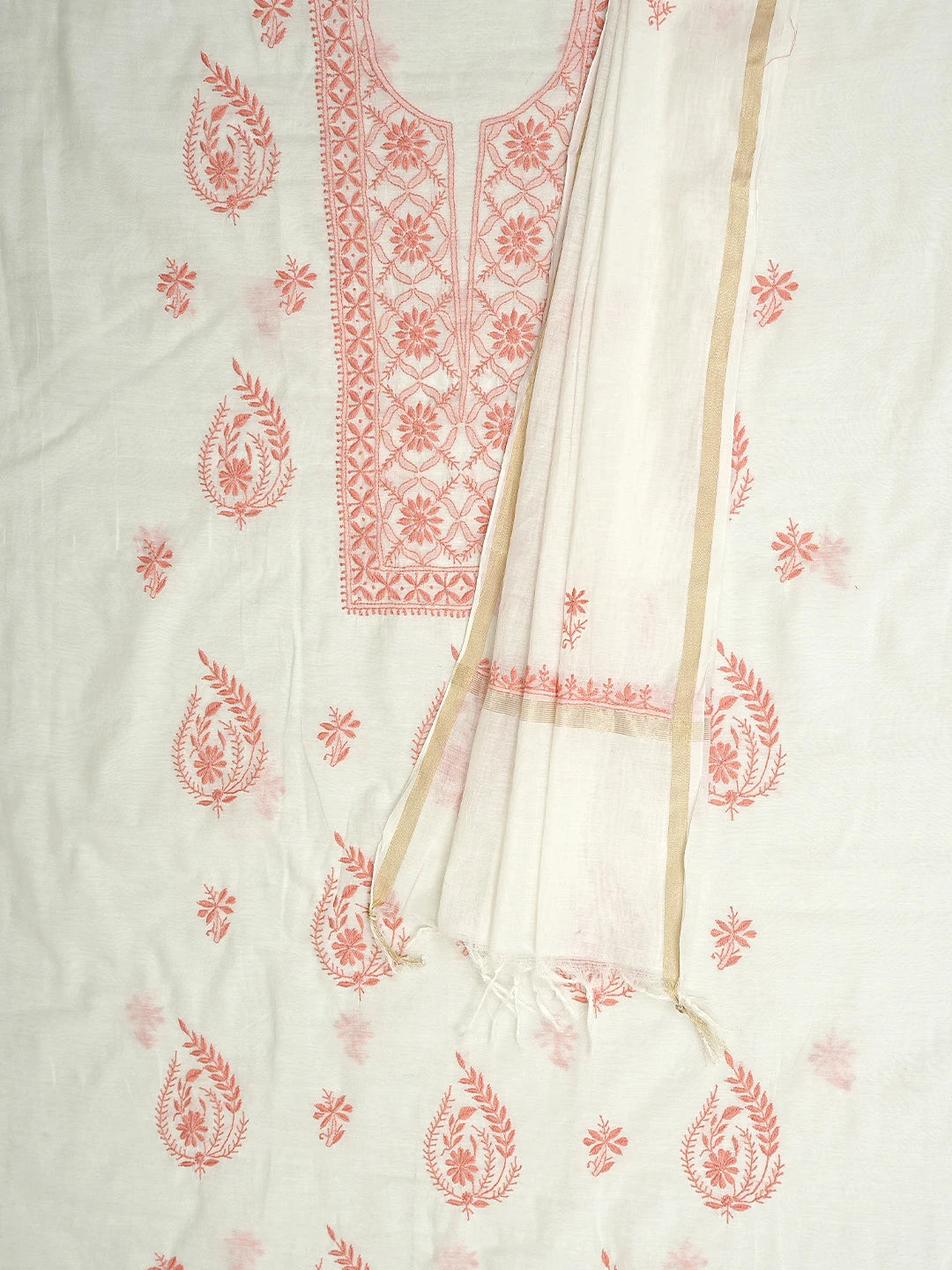 Ada Hand Embroidered White Chanderi Lucknowi Chikankari Unstitched Kurta 01A895949