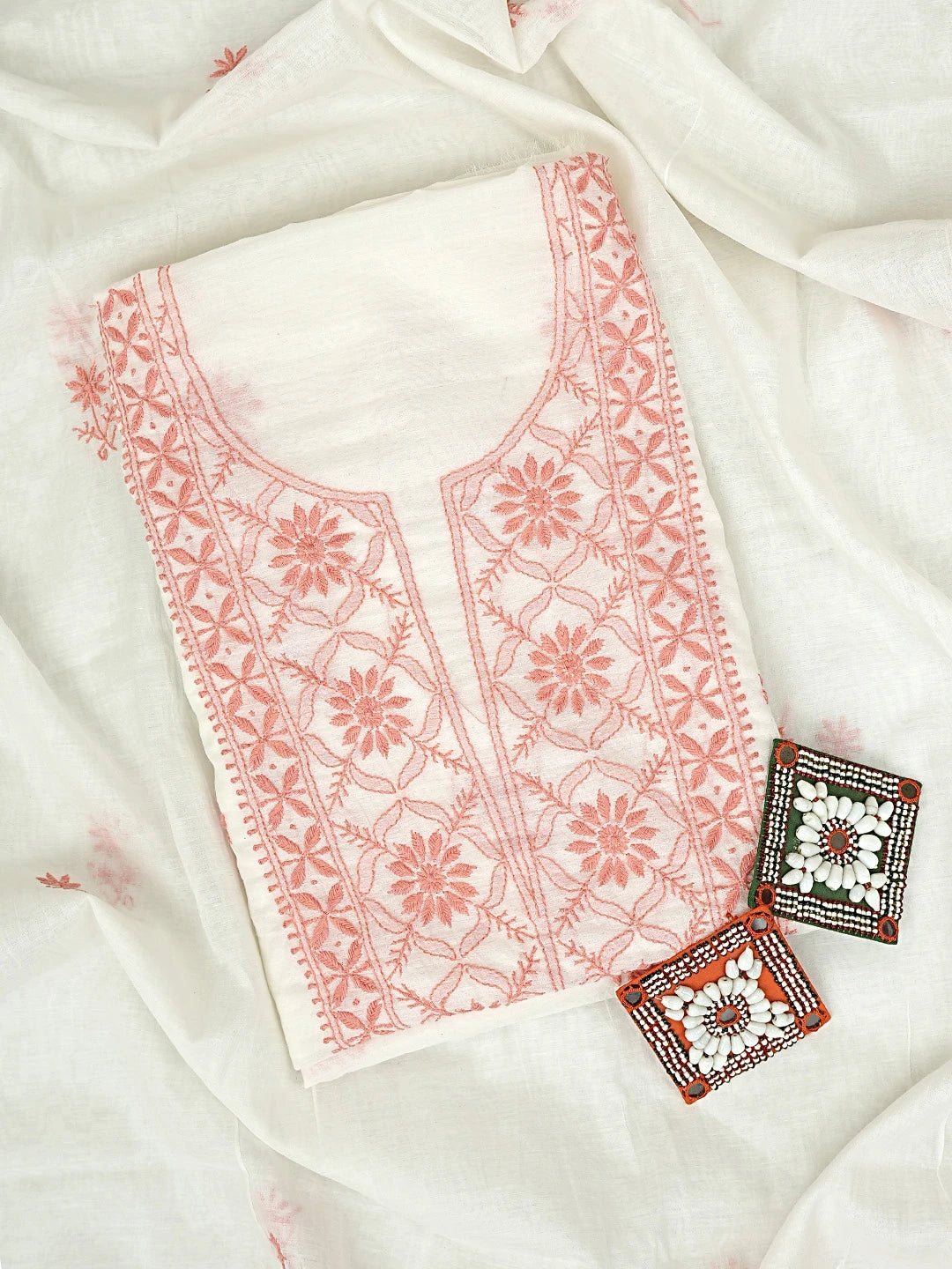 Ada Hand Embroidered White Chanderi Lucknowi Chikankari Unstitched Kurta 01A895949