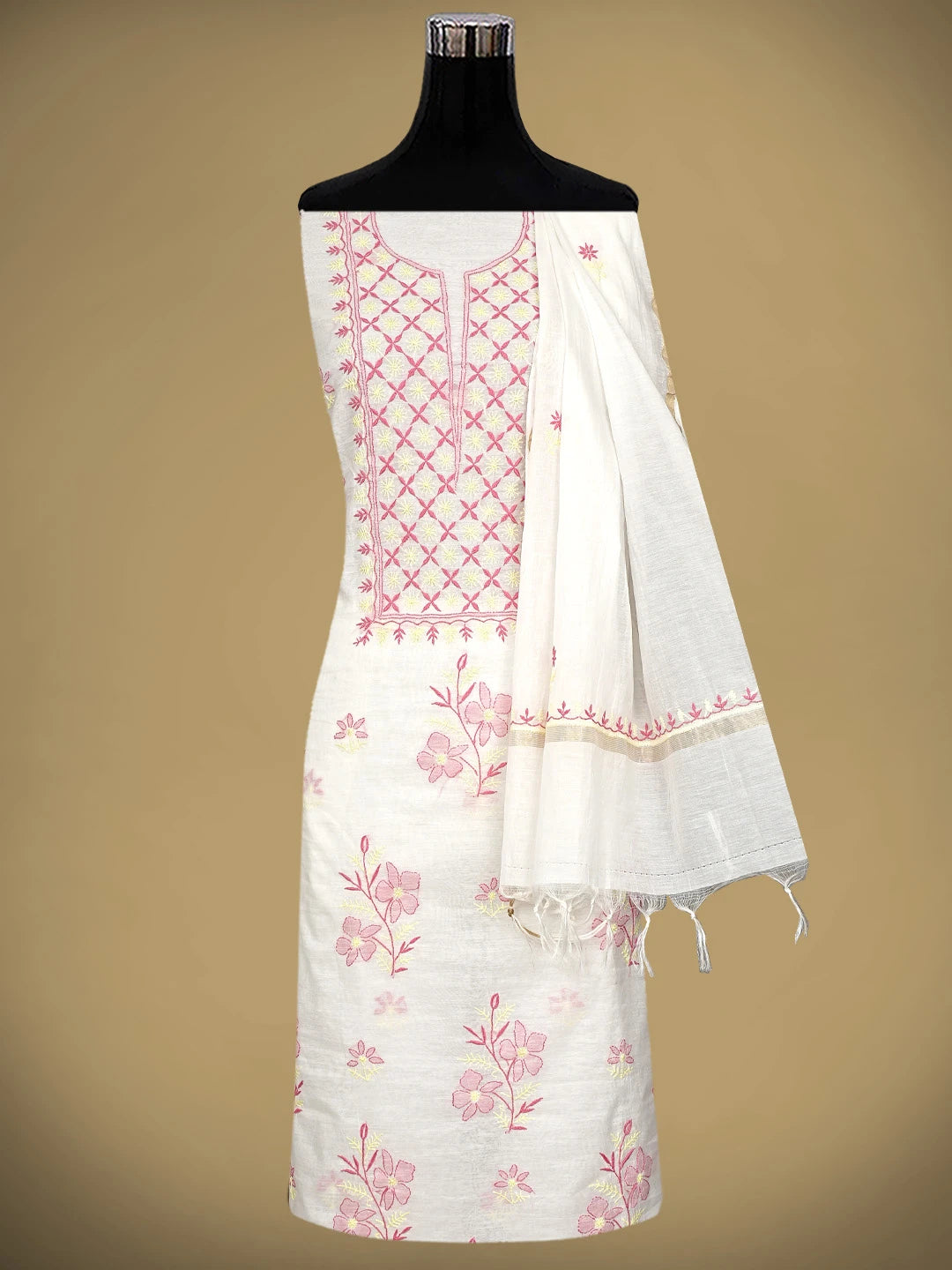Ada Hand Embroidered White Chanderi Lucknowi Chikankari Unstitched Kurta Dupatta Set 01A895964