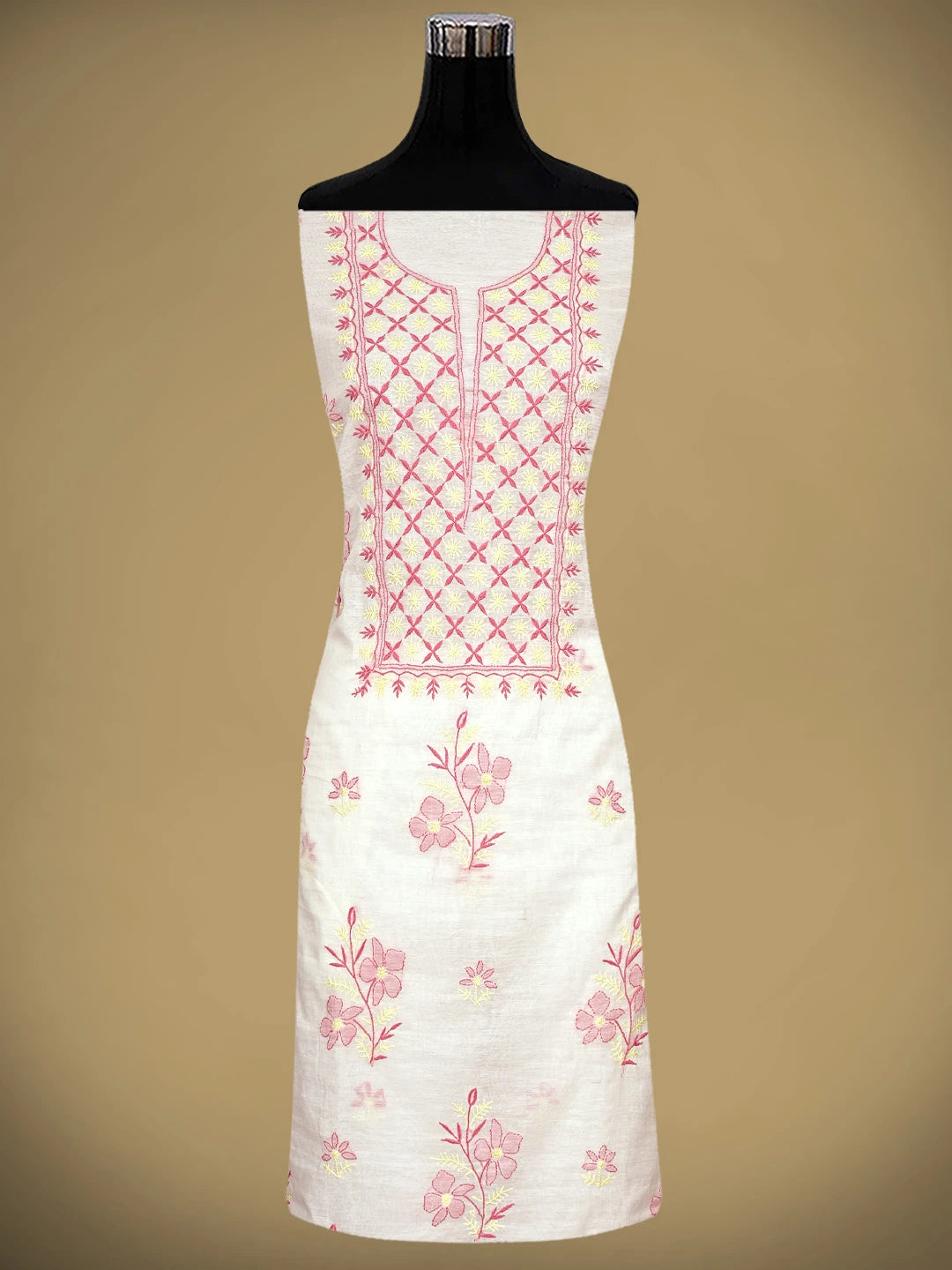 Ada Hand Embroidered White Chanderi Lucknowi Chikankari Unstitched Kurta Dupatta Set 01A895964
