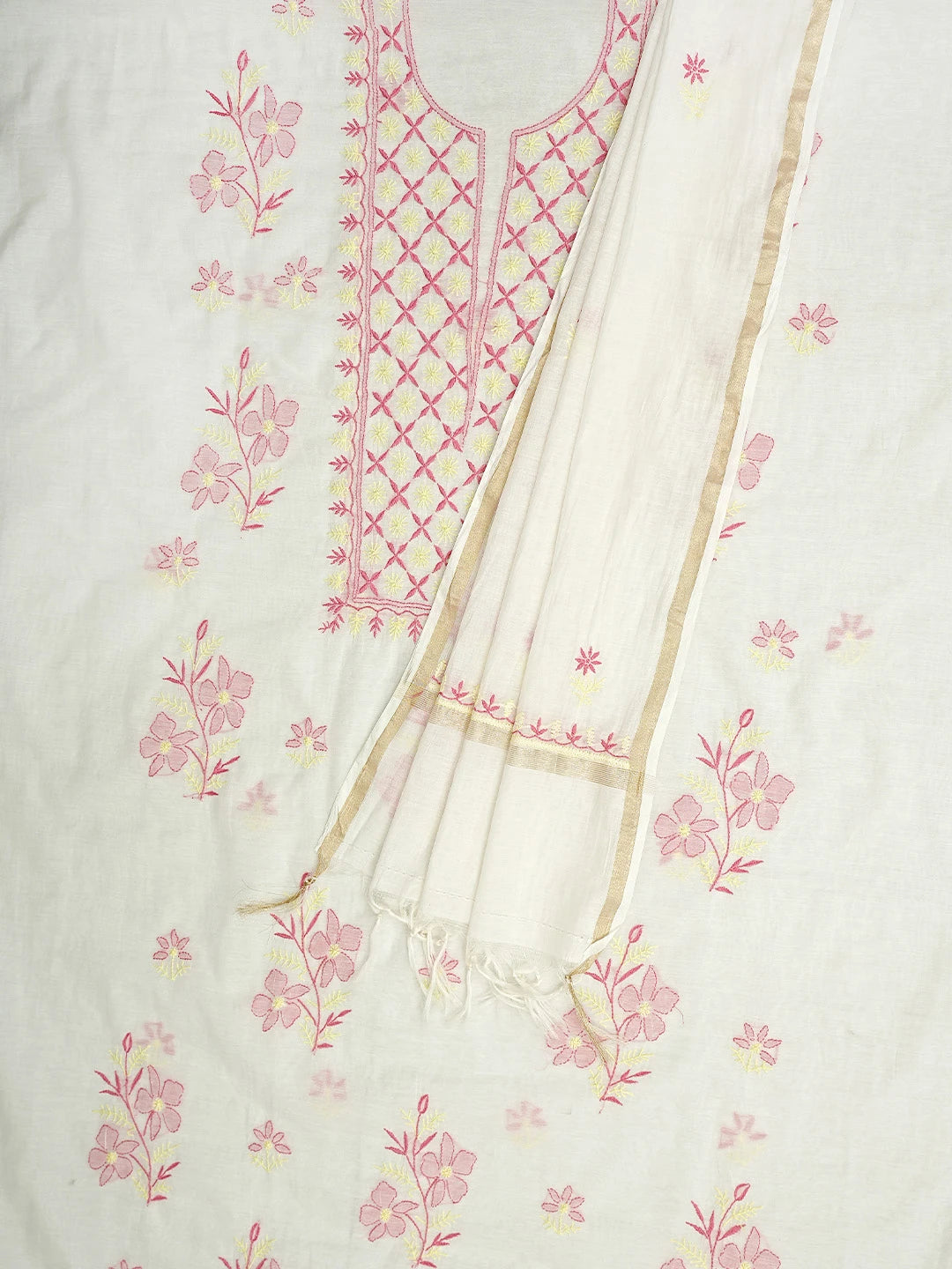 Ada Hand Embroidered White Chanderi Lucknowi Chikankari Unstitched Kurta Dupatta Set 01A895964