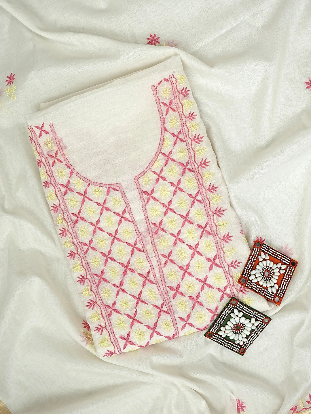 Ada Hand Embroidered White Chanderi Lucknowi Chikankari Unstitched Kurta Dupatta Set 01A895964