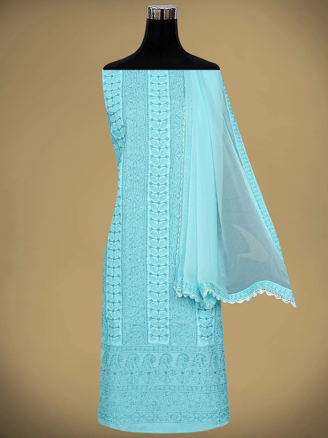 Ada Hand Embroidered Blue Cotton Lucknowi Chikankari Unstitched Suit Piece with Chiffon Dupatta 01A900244