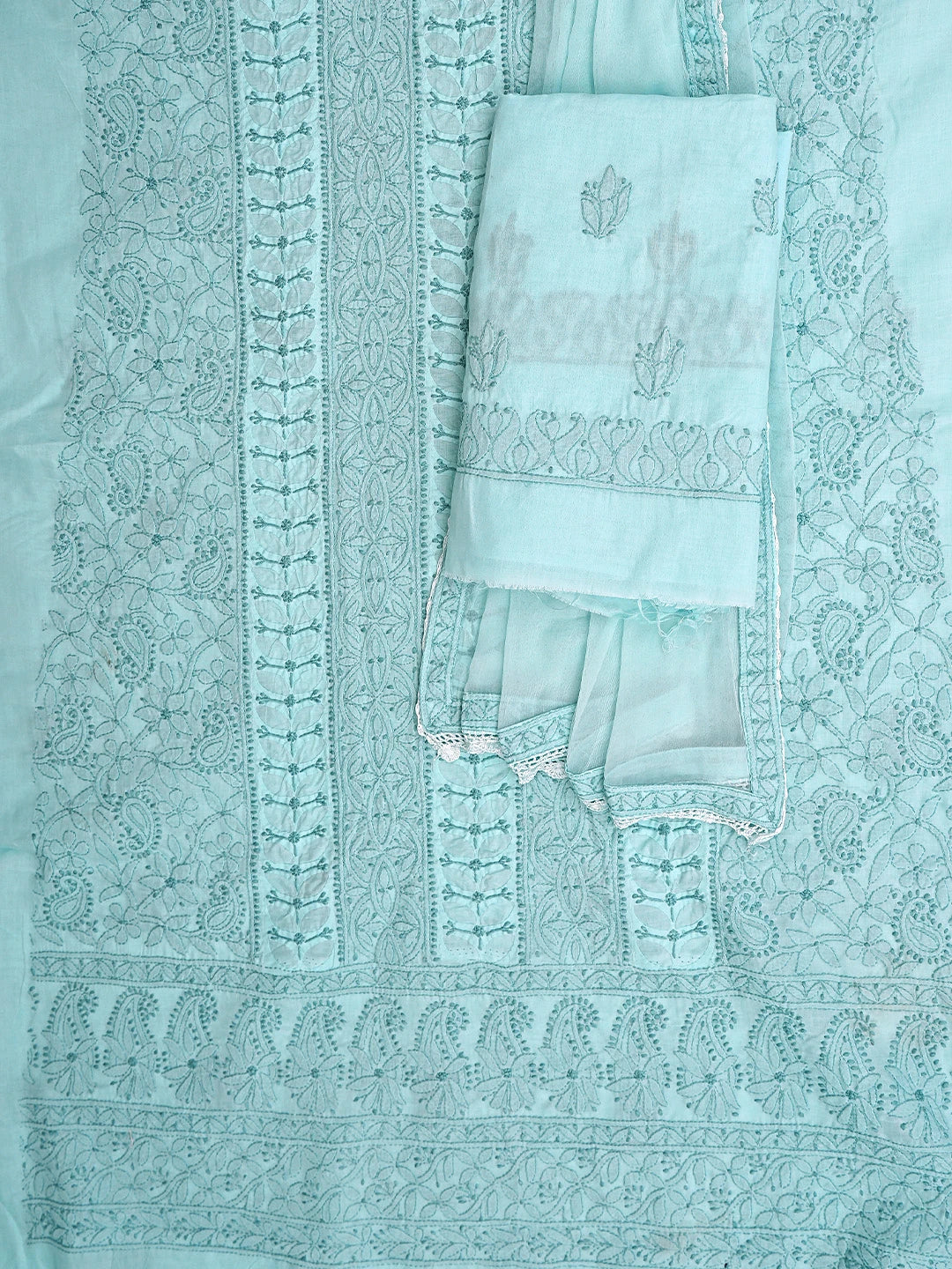 Ada Hand Embroidered Blue Cotton Lucknowi Chikankari Unstitched Suit Piece with Chiffon Dupatta 01A900244