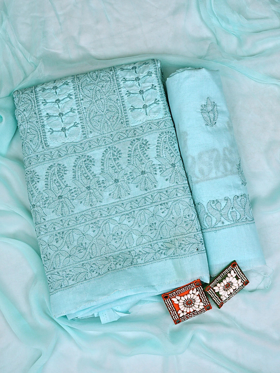 Ada Hand Embroidered Blue Cotton Lucknowi Chikankari Unstitched Suit Piece with Chiffon Dupatta 01A900244