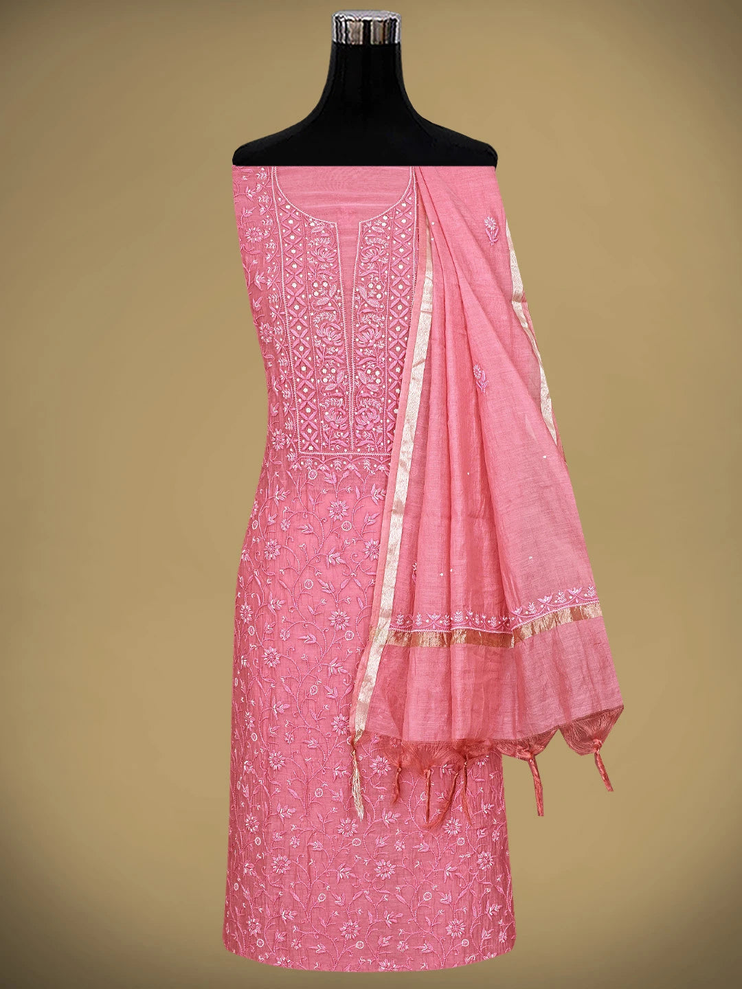 Ada Hand Embroidered Pink Chanderi Lucknowi Chikankari Unstitched Kurta Dupatta Set 01A793061