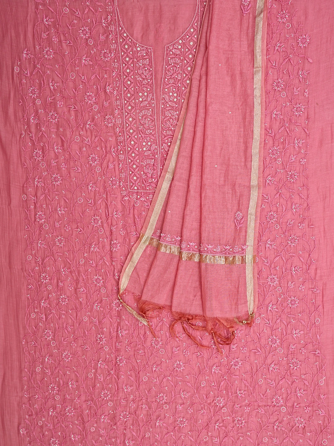 Ada Hand Embroidered Pink Chanderi Lucknowi Chikankari Unstitched Kurta Dupatta Set 01A793061