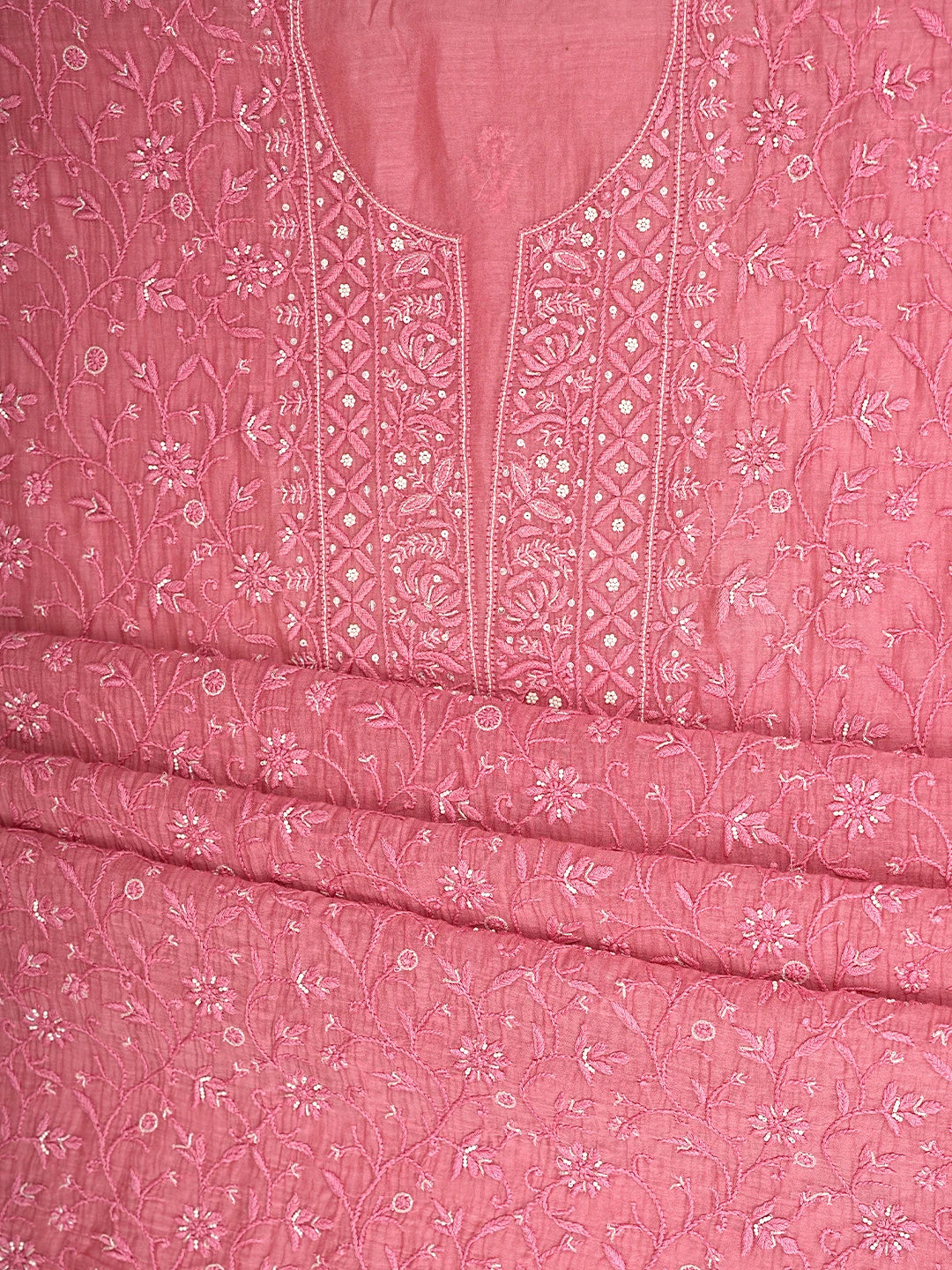 Ada Hand Embroidered Pink Chanderi Lucknowi Chikankari Unstitched Kurta Dupatta Set 01A793061