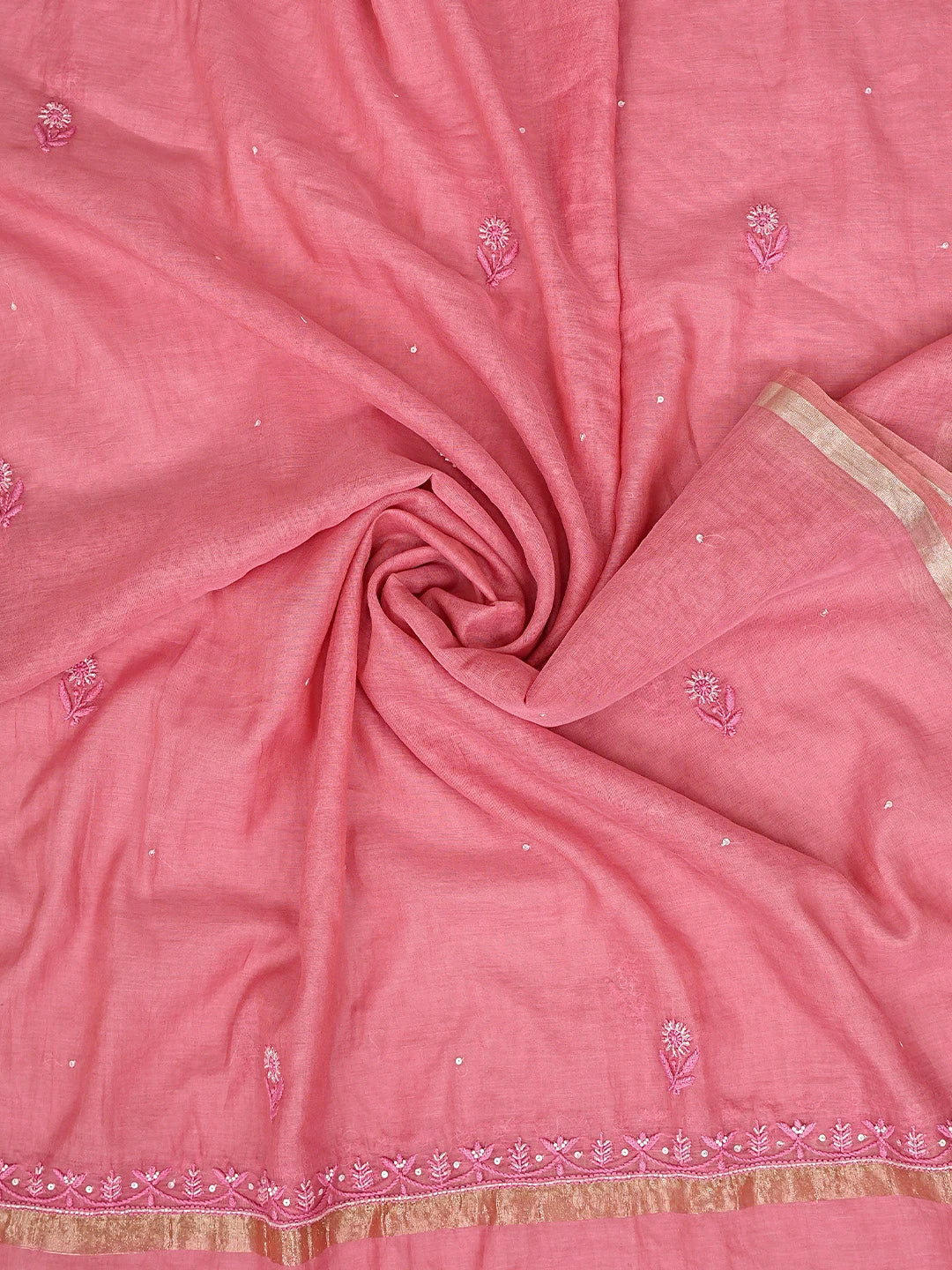 Ada Hand Embroidered Pink Chanderi Lucknowi Chikankari Unstitched Kurta Dupatta Set 01A793061