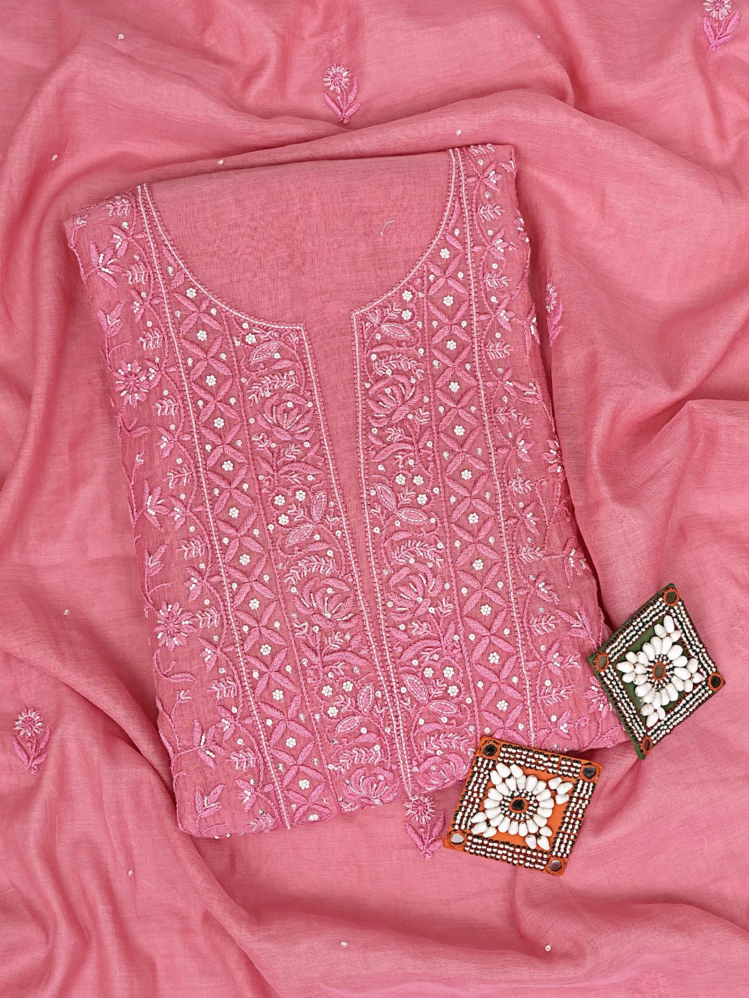 Ada Hand Embroidered Pink Chanderi Lucknowi Chikankari Unstitched Kurta Dupatta Set 01A793061