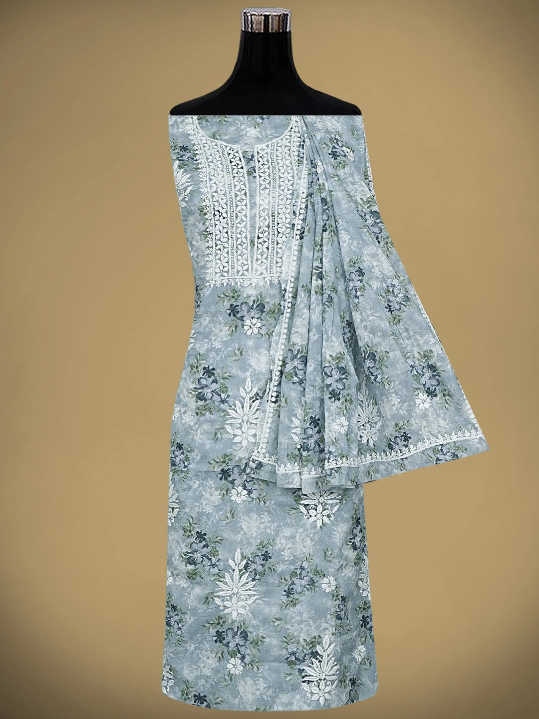 Ada Hand Embroidered  Floral Printed Blue Cotton Lucknowi Chikankari Unstitched Kurta Dupatta Set 01A898203