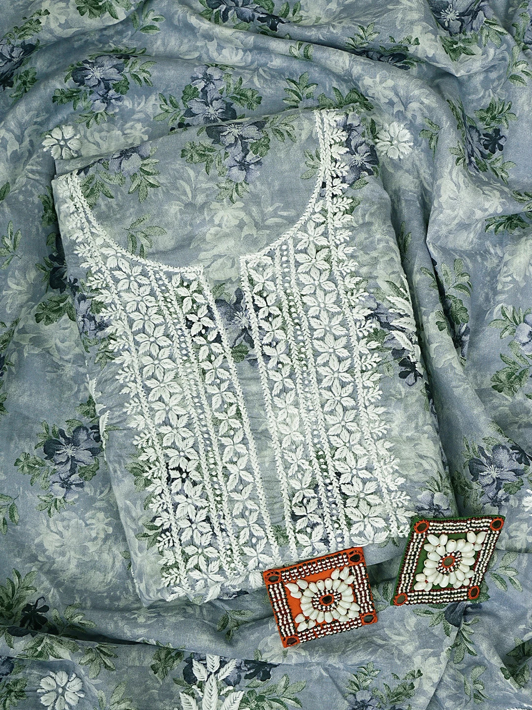 Ada Hand Embroidered  Floral Printed Blue Cotton Lucknowi Chikankari Unstitched Kurta Dupatta Set 01A898203