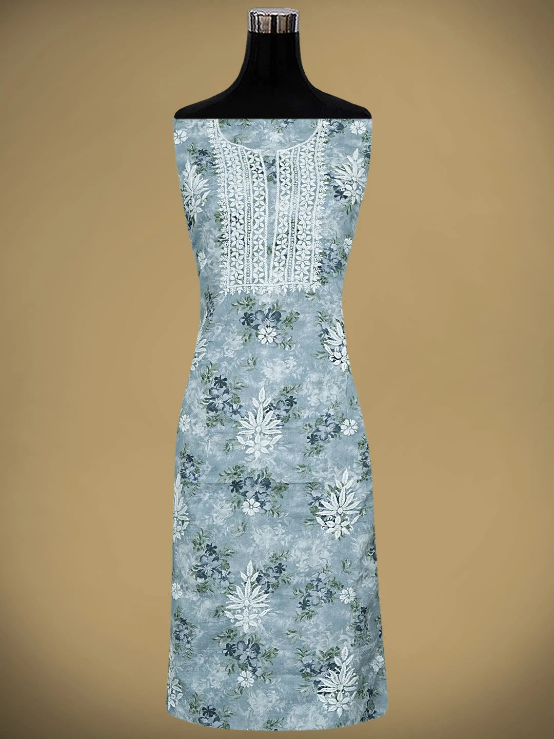 Ada Hand Embroidered  Floral Printed Blue Cotton Lucknowi Chikankari Unstitched Kurta Dupatta Set 01A898203