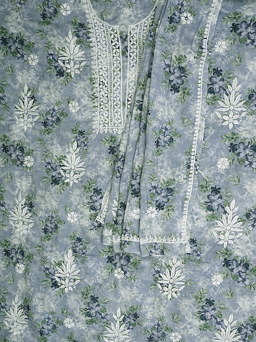Ada Hand Embroidered  Floral Printed Blue Cotton Lucknowi Chikankari Unstitched Kurta Dupatta Set 01A898203