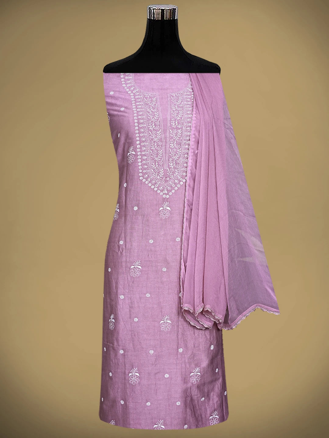 Ada Hand Embroidered Mauve Chanderi Lucknowi Chikankari Unstitched Suit Piece with Chiffon Dupatta 01A791850