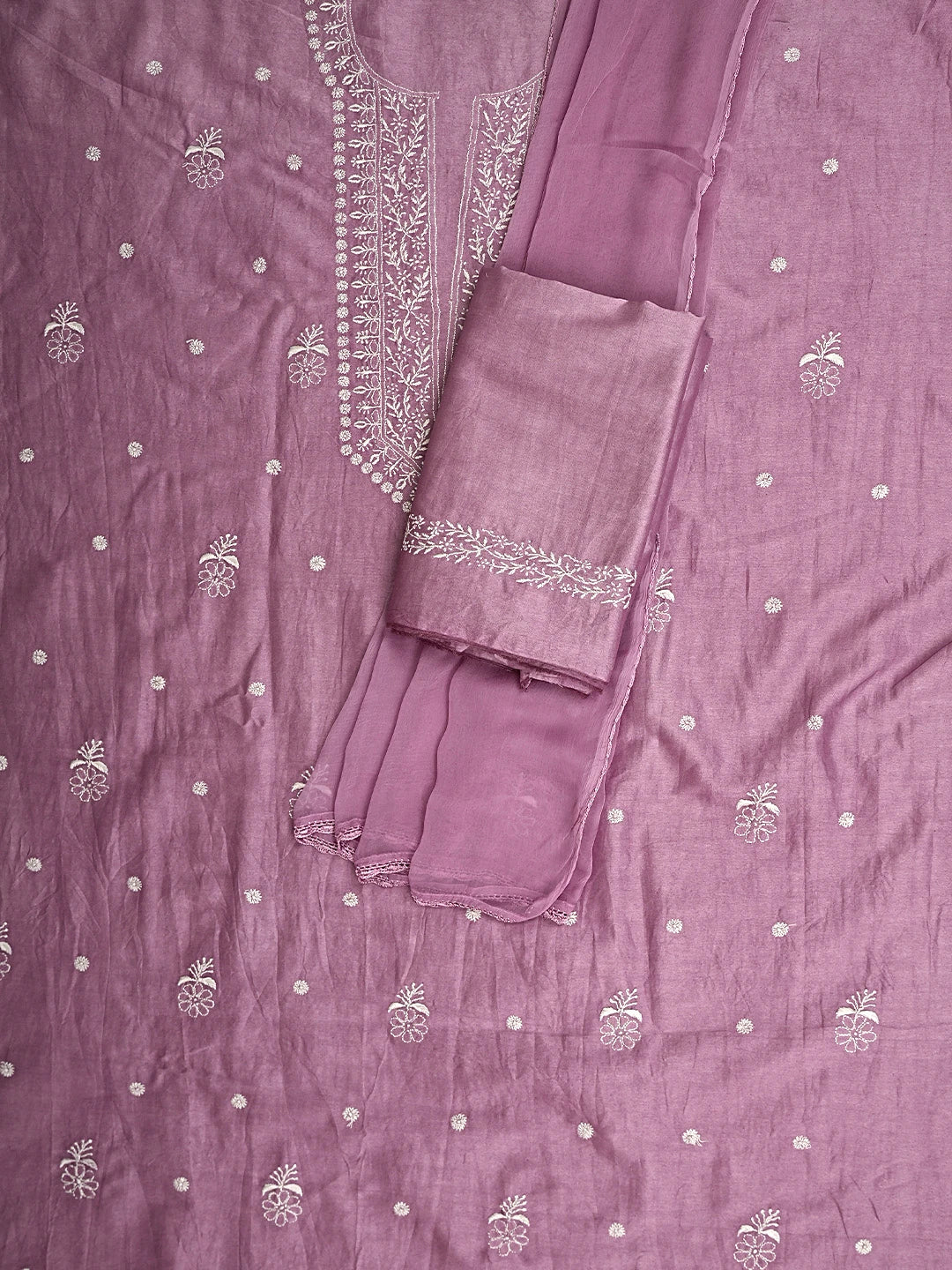 Ada Hand Embroidered Mauve Chanderi Lucknowi Chikankari Unstitched Suit Piece with Chiffon Dupatta 01A791850