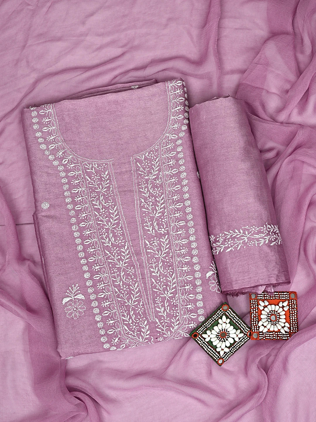 Ada Hand Embroidered Mauve Chanderi Lucknowi Chikankari Unstitched Suit Piece with Chiffon Dupatta 01A791850