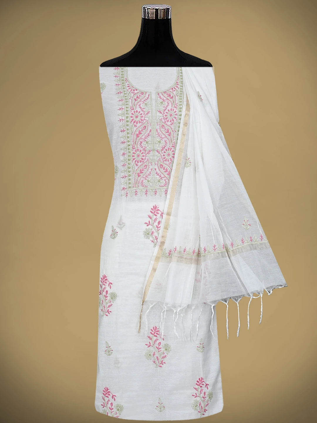 Ada Hand Embroidered White Chanderi Lucknowi Chikankari Unstitched Kurta Dupatta Set 01A895968