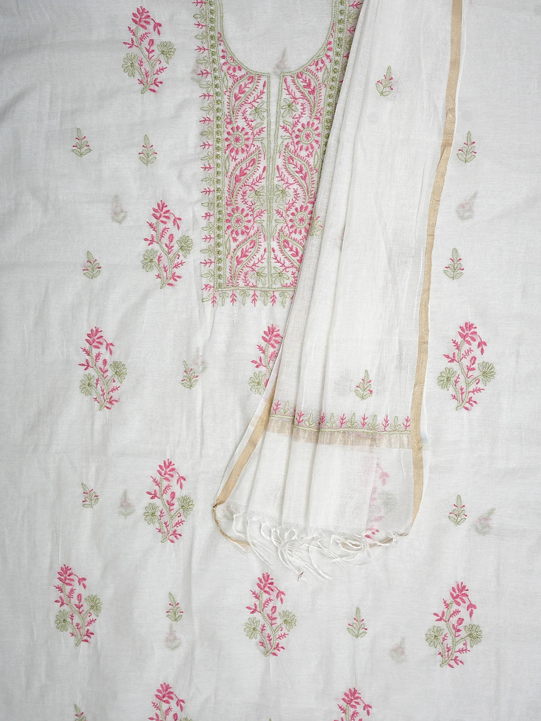 Ada Hand Embroidered White Chanderi Lucknowi Chikankari Unstitched Kurta Dupatta Set 01A895968