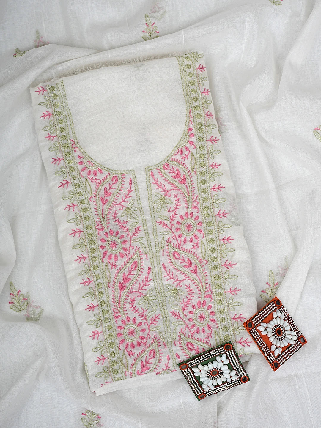 Ada Hand Embroidered White Chanderi Lucknowi Chikankari Unstitched Kurta Dupatta Set 01A895968