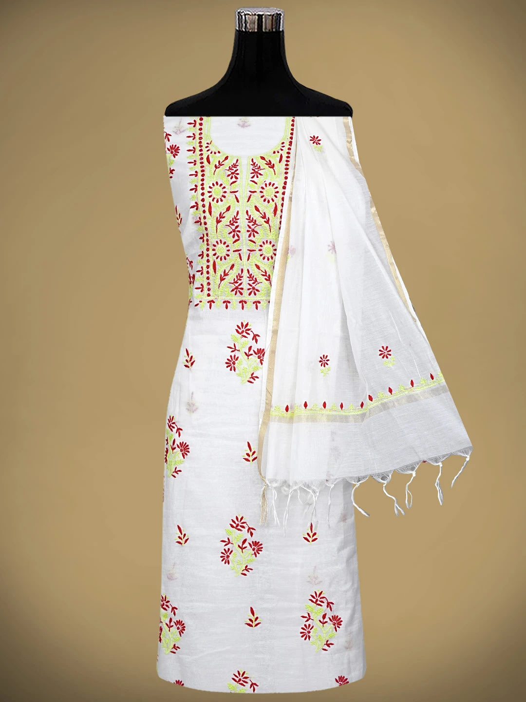 Ada Hand Embroidered White Chanderi Lucknowi Chikankari Unstitched Kurta Dupatta Set 01A895967