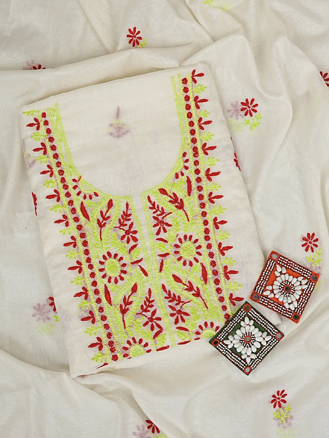 Ada Hand Embroidered White Chanderi Lucknowi Chikankari Unstitched Kurta Dupatta Set 01A895967