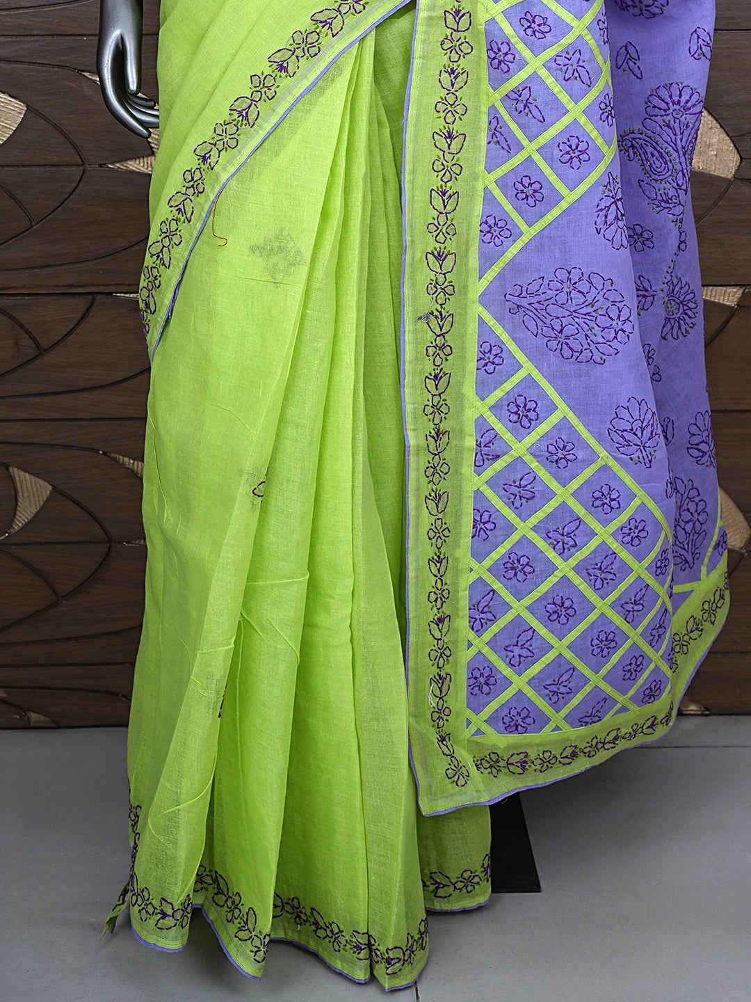 Ada Hand Embroidered Green Cotton Lucknowi Chikankari Saree and Blouse 01A904847