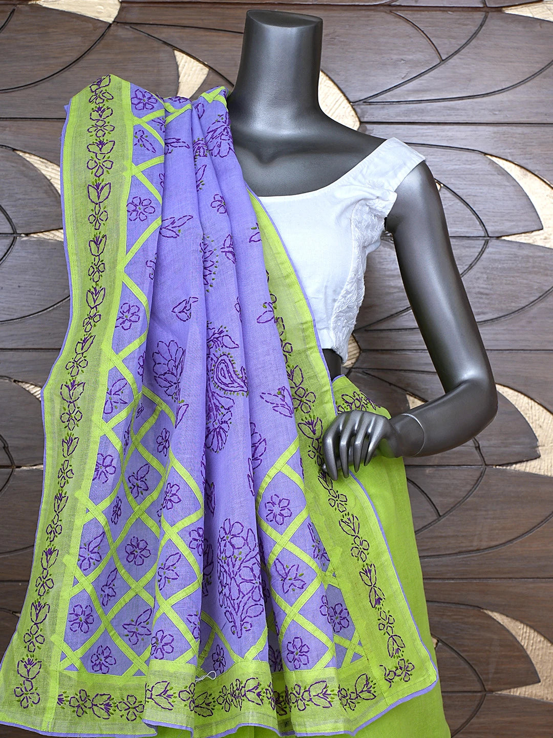 Ada Hand Embroidered Green Cotton Lucknowi Chikankari Saree and Blouse 01A904847