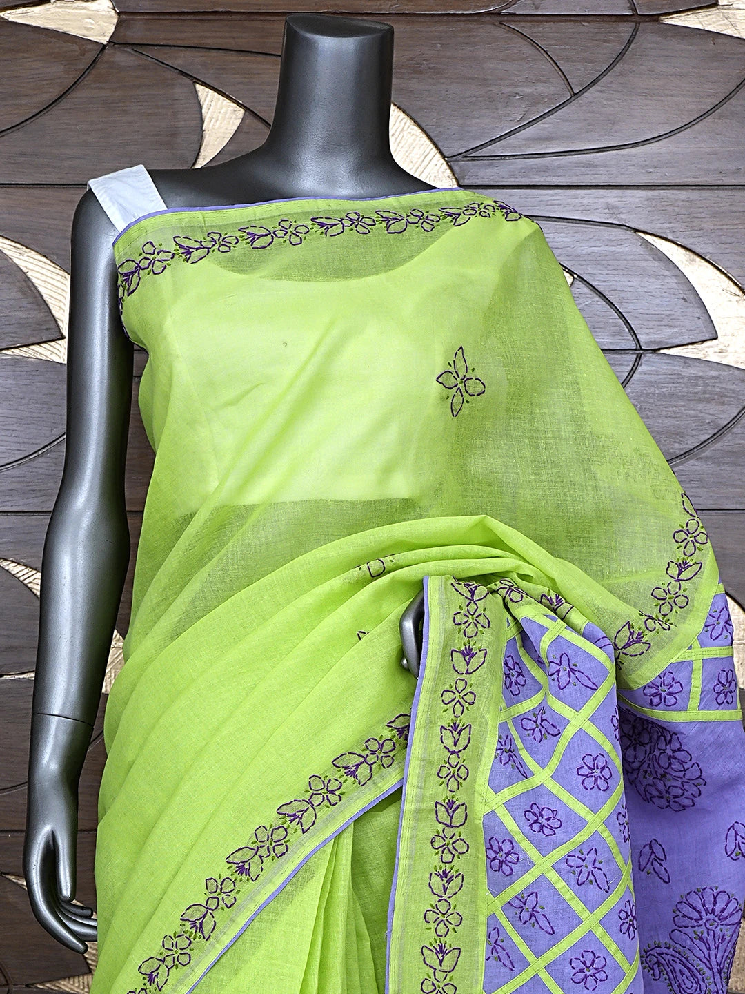 Ada Hand Embroidered Green Cotton Lucknowi Chikankari Saree and Blouse 01A904847