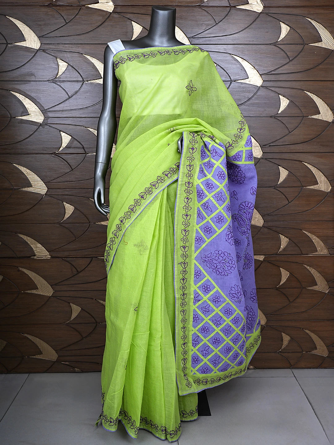 Ada Hand Embroidered Green Cotton Lucknowi Chikankari Saree and Blouse 01A904847