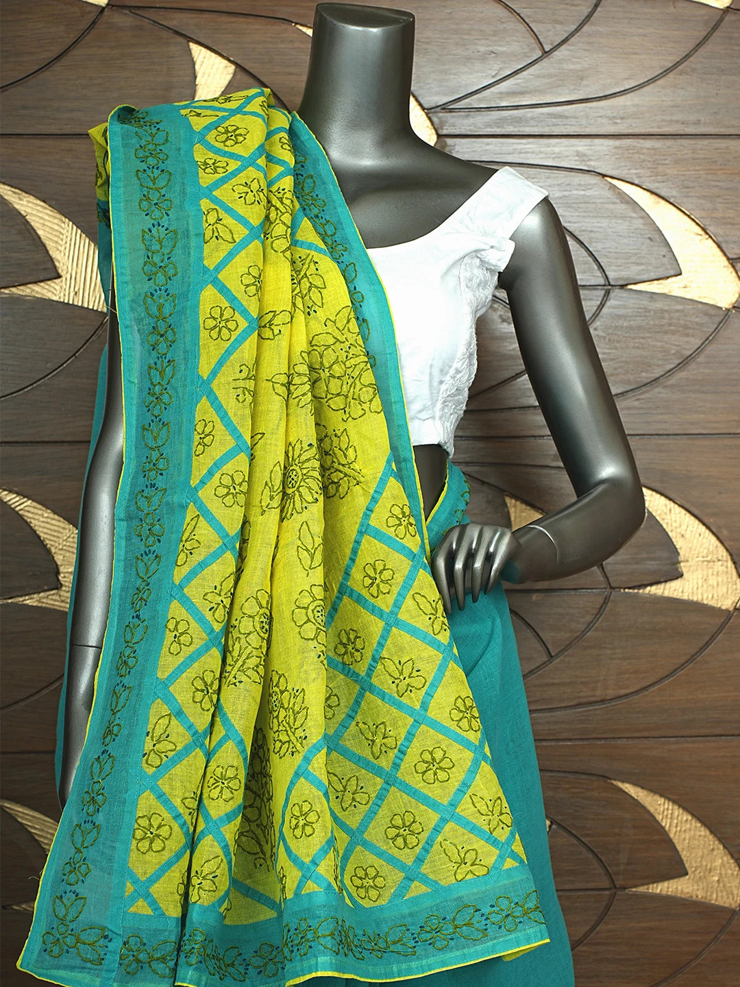 Ada Hand Embroidered Rama Green Cotton Lucknowi Chikankari Saree and Blouse 01A904836