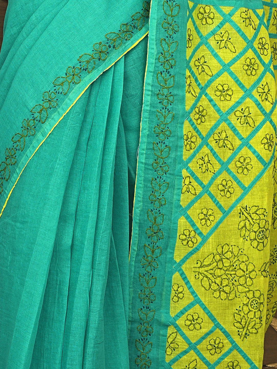 Ada Hand Embroidered Rama Green Cotton Lucknowi Chikankari Saree and Blouse 01A904836